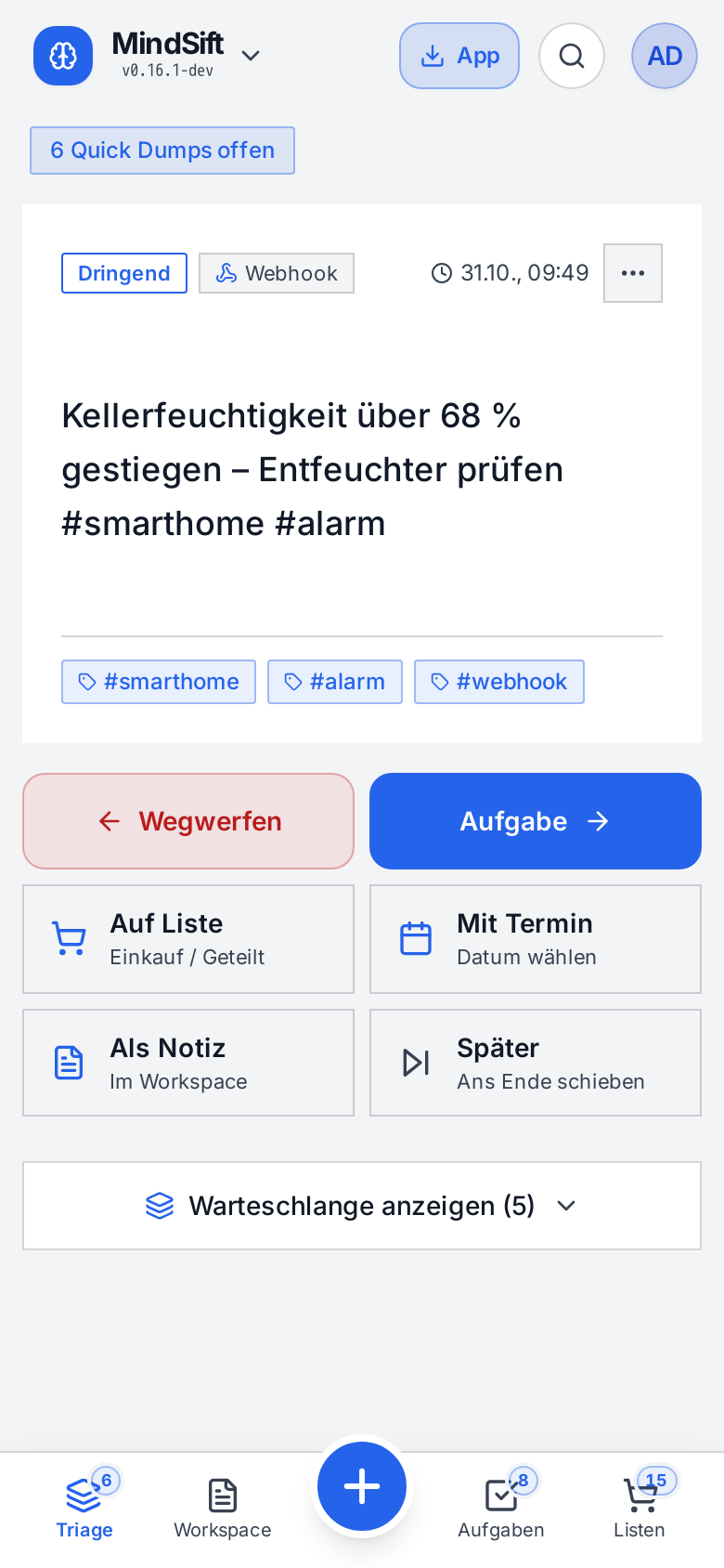 MindSift Triage am Smartphone, helles Theme