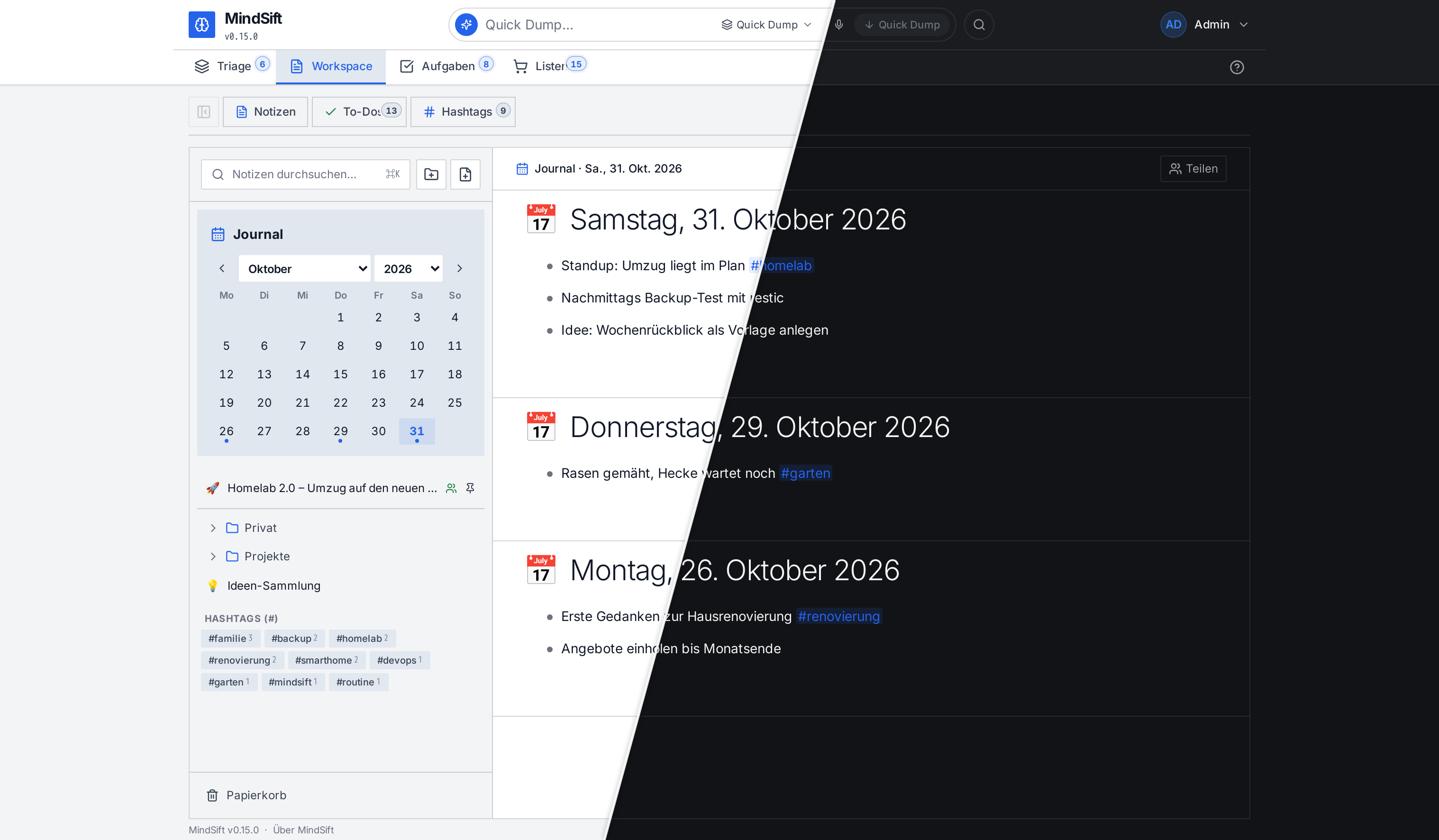 MindSift Journal mit Kalender