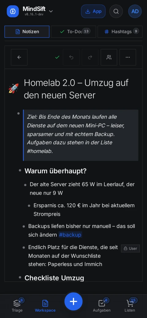 MindSift Notiz am Smartphone, dunkles Theme