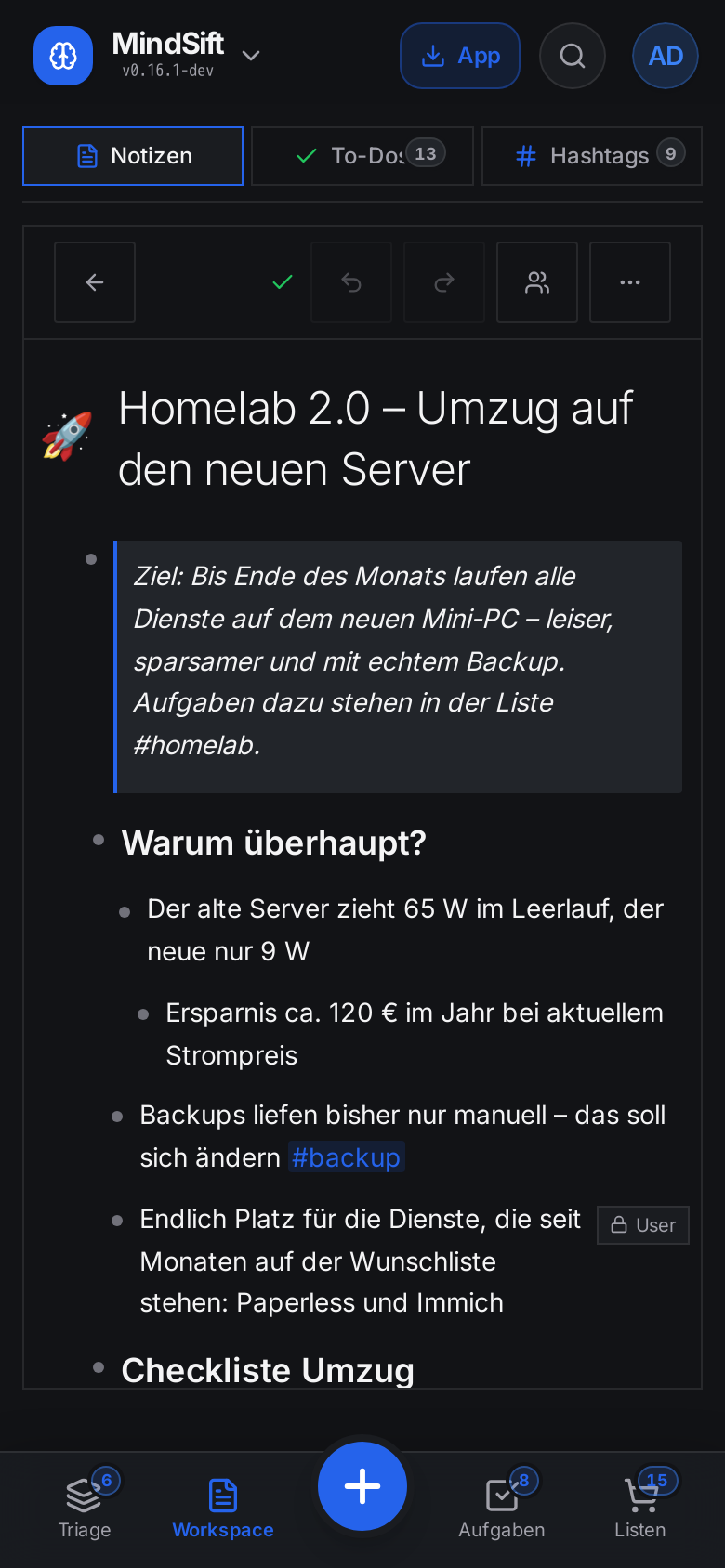 MindSift Notiz am Smartphone, dunkles Theme