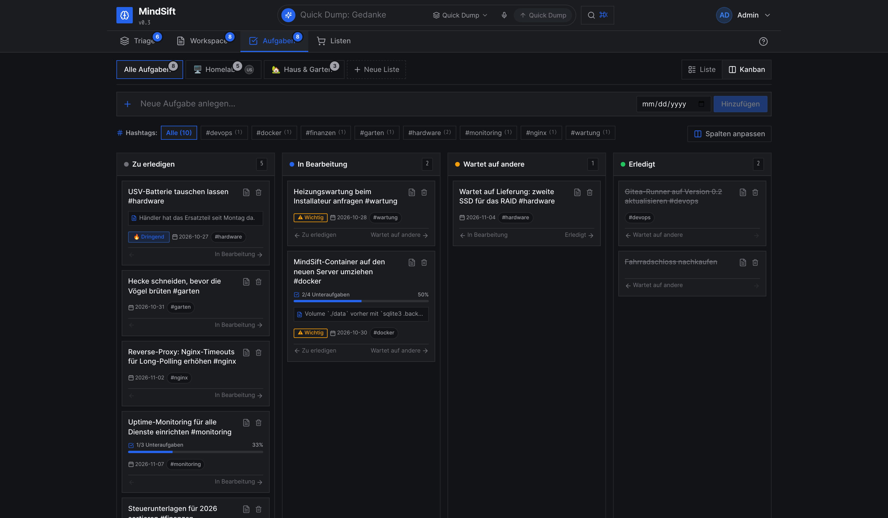 MindSift Aufgaben und Kanban-Board