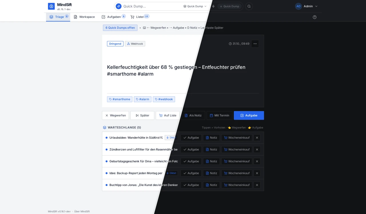 MindSift Triage am Desktop, links hell, rechts dunkel