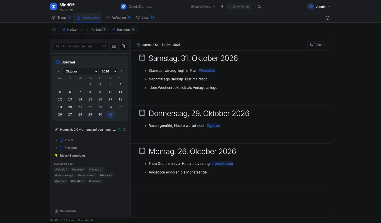 MindSift Journal mit Kalender