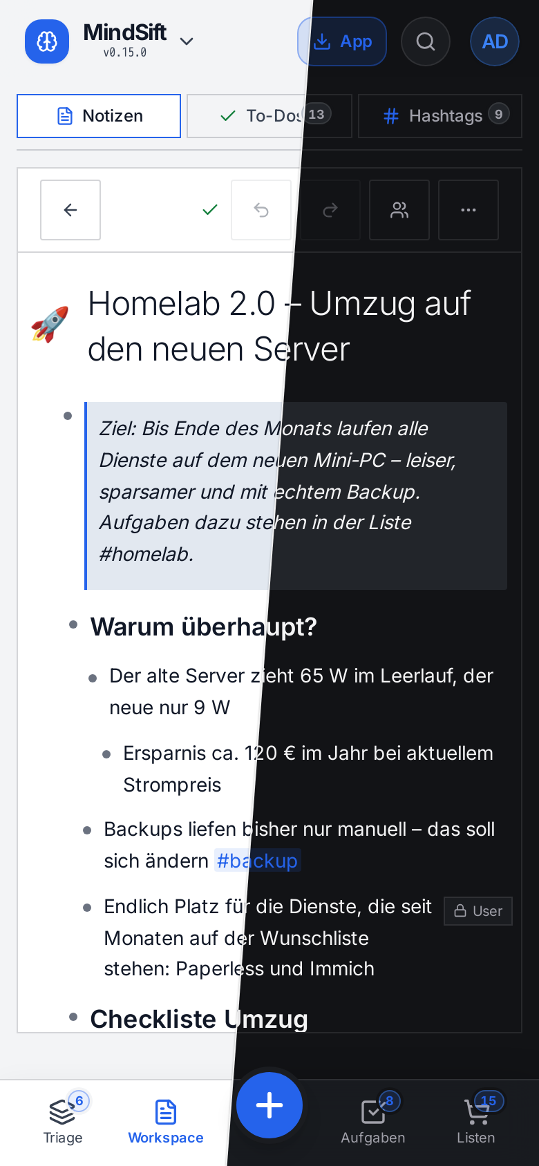 MindSift Notiz am Smartphone