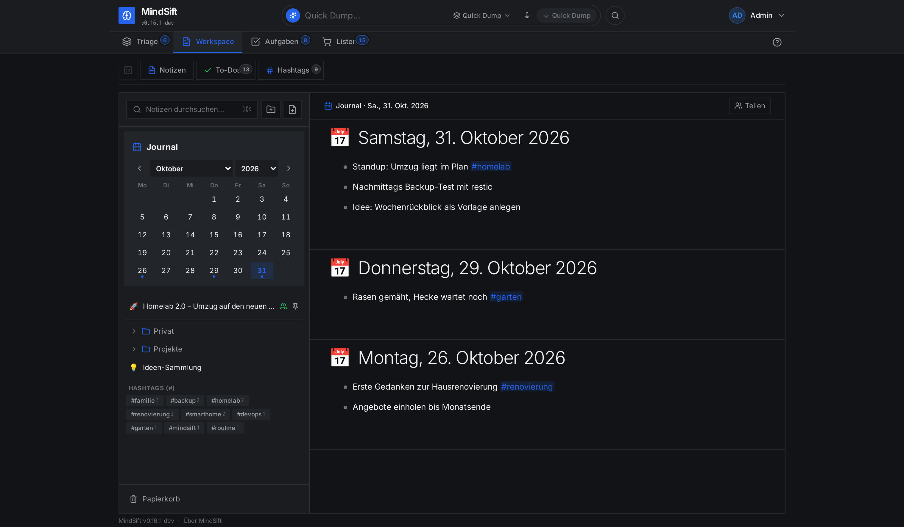 MindSift Journal mit Kalender