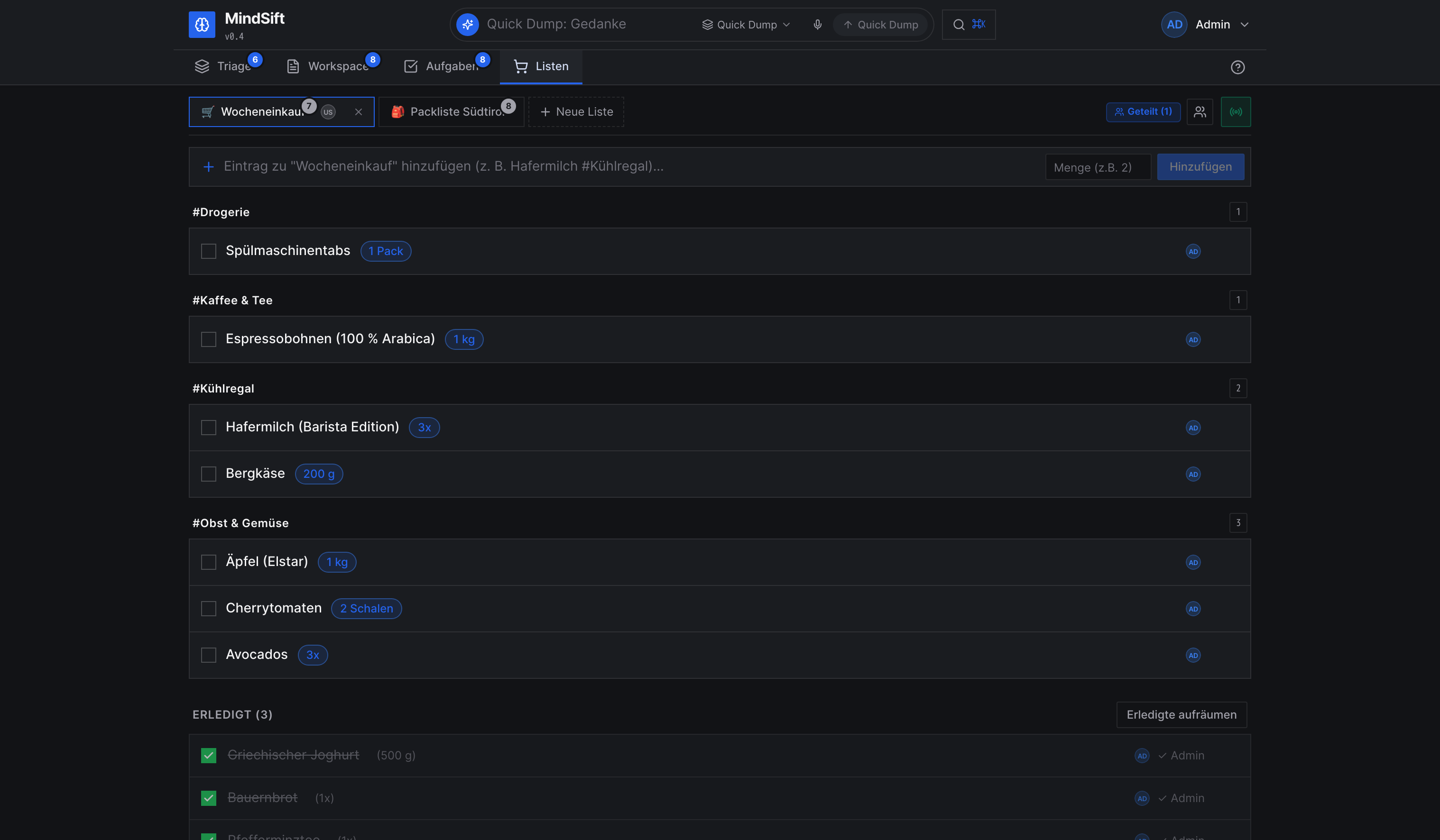 MindSift Geteilte Listen
