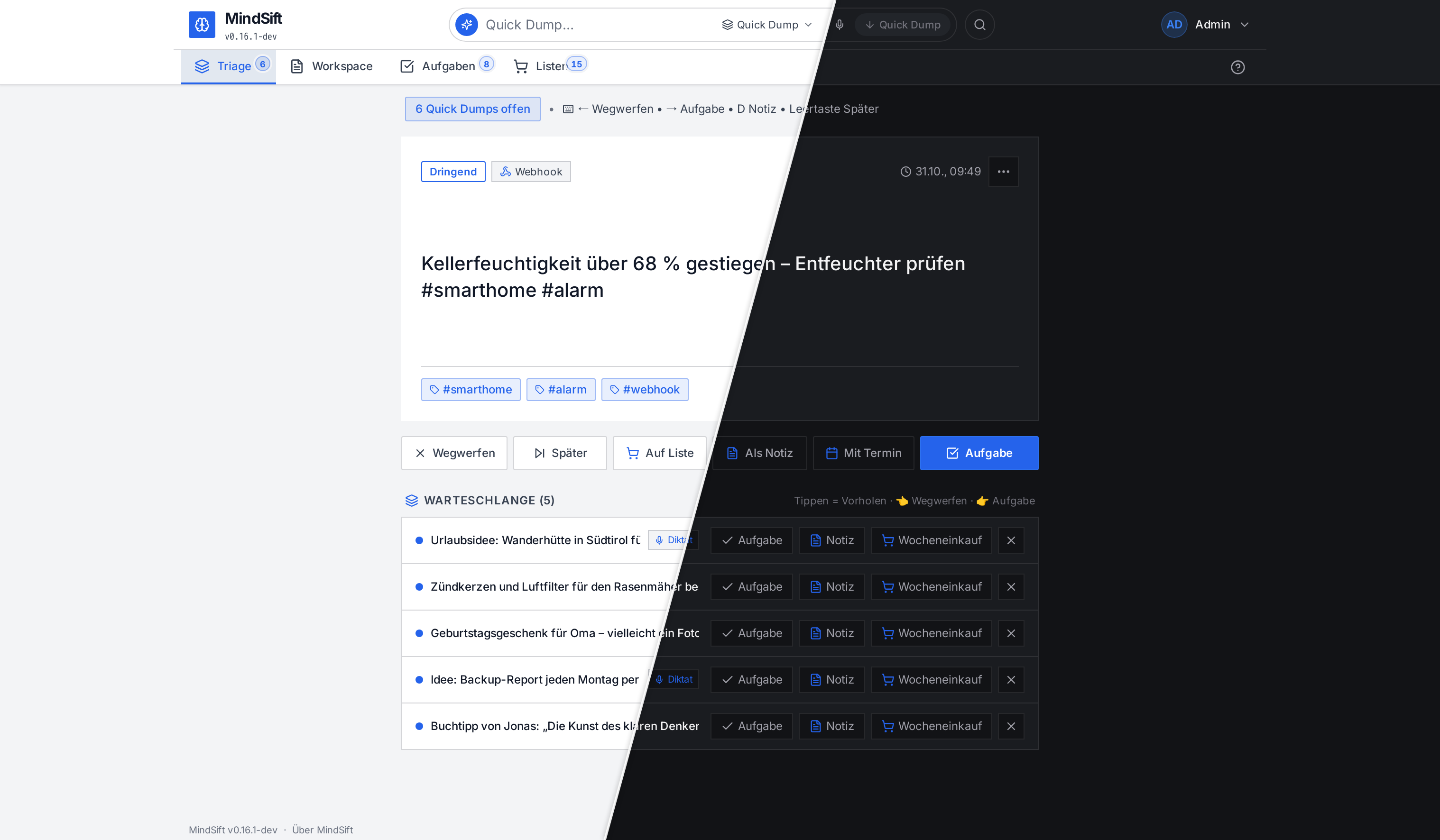 MindSift Triage am Desktop, links hell, rechts dunkel