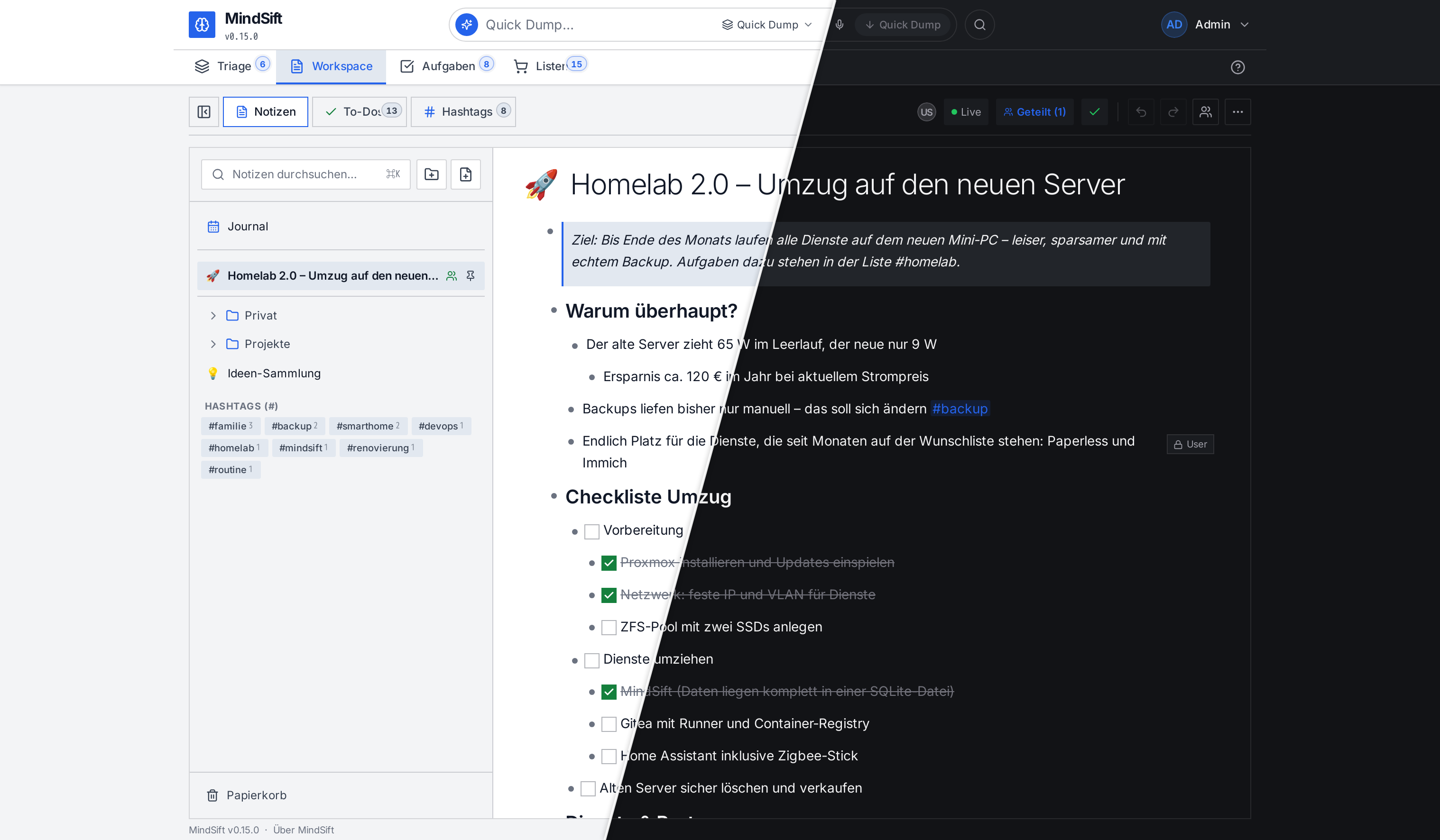 MindSift Workspace: zwei Personen in derselben Notiz