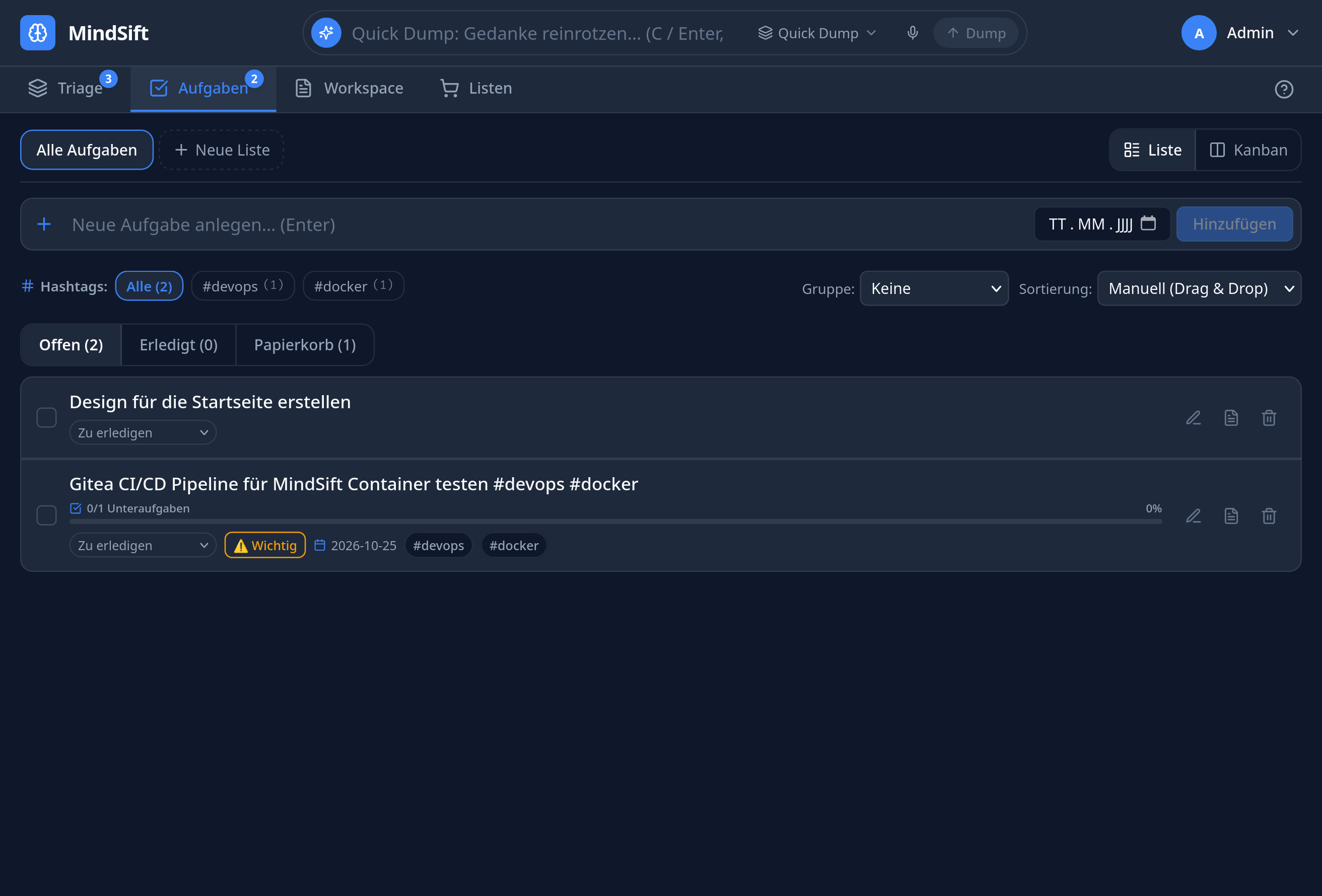 MindSift Aufgaben und Kanban-Board
